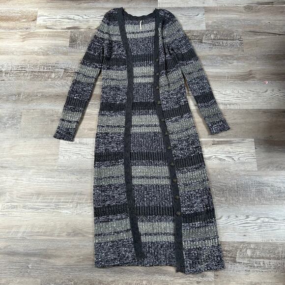 Free People Knit Sweater Maxi Cardigan Dress Black Gray Stripe Button Up Grunge - Picture 1 of 7